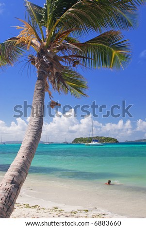 Pleasure craft anchored between the islands of the Tobago Cays.