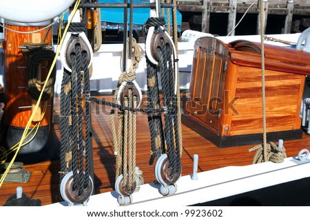Rigging and boat deck on a wooden sailing ship.