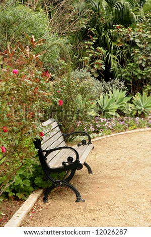 A park bench along a gravel path in a tropical garden.
