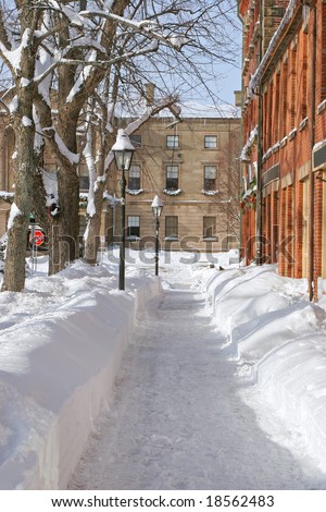A sidewalk plowed of snow in the downtown area of Charlottetown, Prince Edward Island.