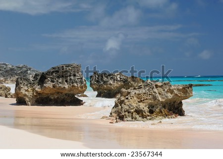Coral rocks on a beautiful secluded pink sand Bermuda beach.