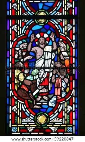 The Risen Christ and his disciples. Detail of a stained glass window in the Anglican Bermuda Cathedral built in 1866. Located in Hamilton.