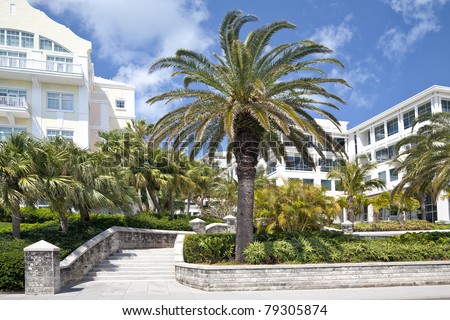 Attractively landscaped condos and office buildings in downtown Hamilton, Bermuda.