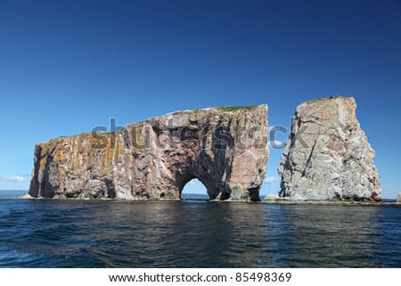 Perce Rock from the sea, Atlantic Ocean, Quebec, Canada