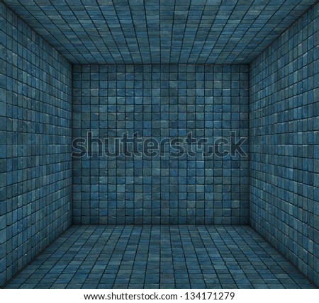 3d blue mosaic square tiled empty space