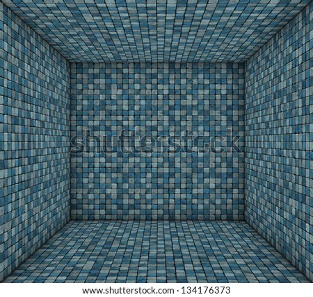 3d blue mosaic square tiled empty space