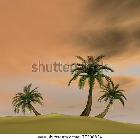 3d render of island with palm-trees and orange pink dusk sky