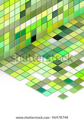 3d render mixed green tiled wall floor pavement on white
