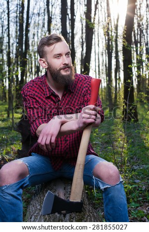men man hipster beard lumber jack forest wood axe