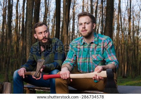 two men beard man hipsters friends rest forest lumber jacks