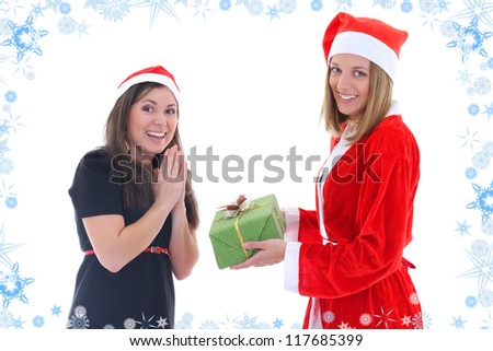 Santa gives present for happy girl over background with snowflakes