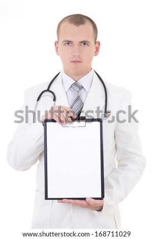 young doctor showing folder with copy space for text isolated on white background