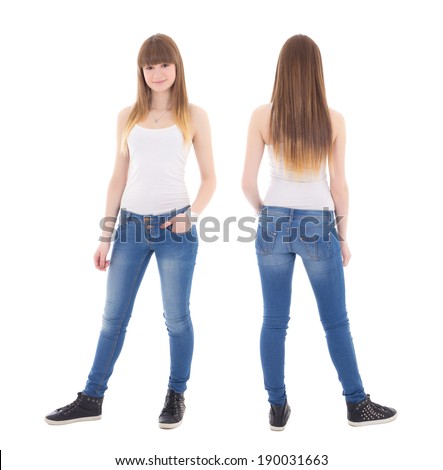 front and back view of cute teenage girl in white t-shirt isolated on white background