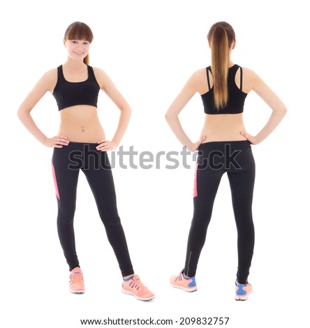 front and back view of young woman in sports wear isolated on white background