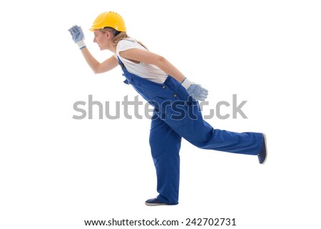 career concept - running woman in blue builder uniform isolated on white background