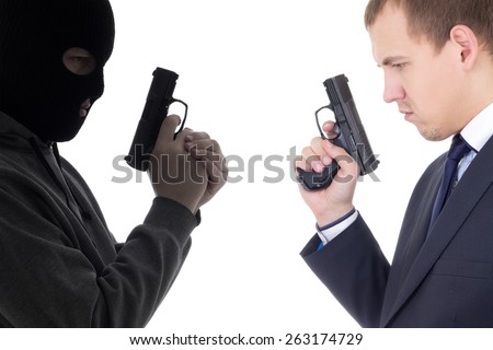 good vs evil concept - terrorist and police man with guns isolated on white background
