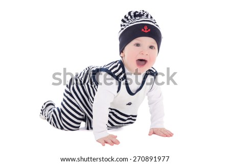 baby boy toddler in sailor clothes crawling isolated on white background