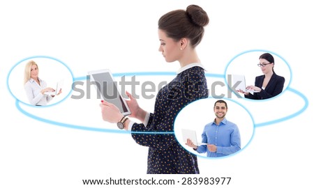 international business concept - business woman holding tablet pc and talking with her business partners isolated on white background