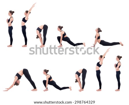 beautiful slim woman in yoga sun salutation sequence poses isolated on white background