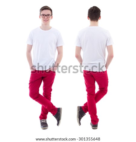 front and back view of young man standing isolated on white background