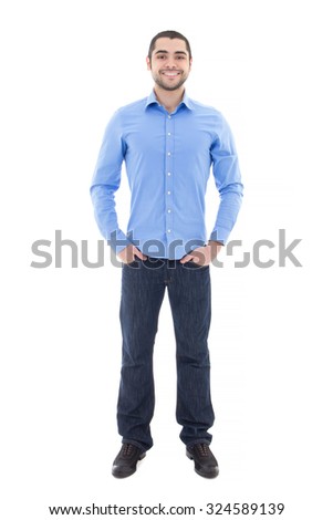 smiling handsome arabic business man in blue shirt isolated on white background