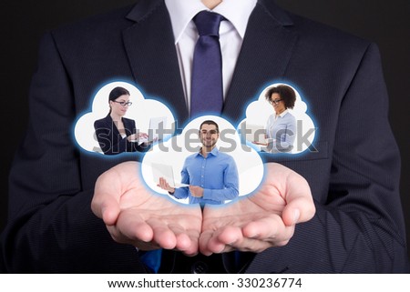 international business and internet concept - clouds with business people in male hands