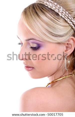 stock photo : young beautiful blonde with brown eyes and violet make-up