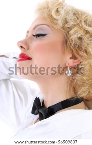 stock photo Young blondie woman dreaming Marilyn Monroe imitation