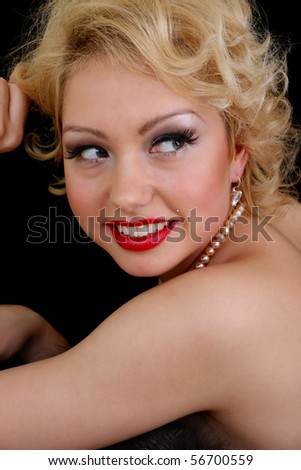 stock photo Young blondie woman with red lips dreaming Marilyn Monroe 