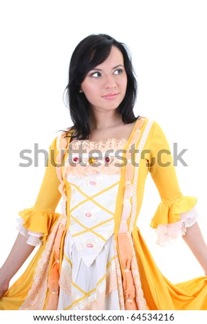 stock photo woman in yellow medieval dress over white background