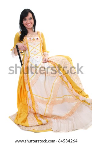 stock photo woman in yellow medieval dress over white background