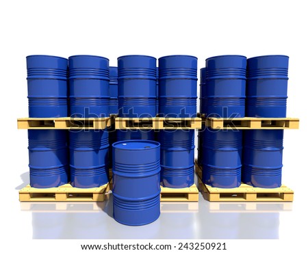 Metal barrels of fuel on a wooden pallet are in the industrial warehouse on white background.