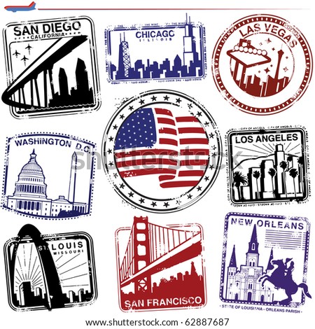Series of stylized American City passport style stamp graphics Series of stylized American City passport style stamp graphics