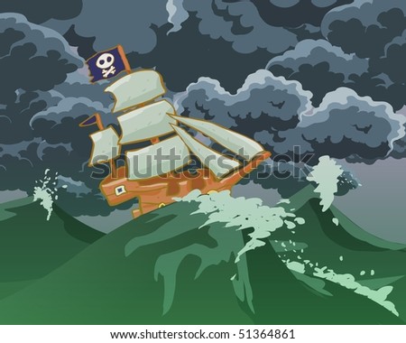 Pirates ship in storm sea