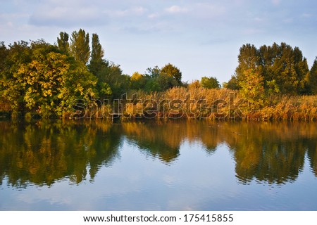 Beautiful calm autumn waterfront landscape trees reflecting on the smooth water surface on the warm afternoon sunset