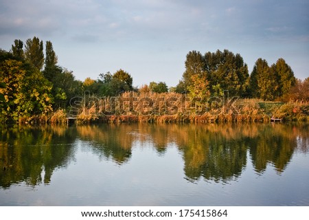 Beautiful calm autumn waterfront landscape trees reflecting on the smooth water surface on the warm afternoon sunset