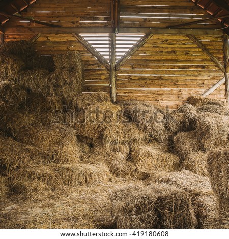 Dry hay stacks in rural wooden barn interior