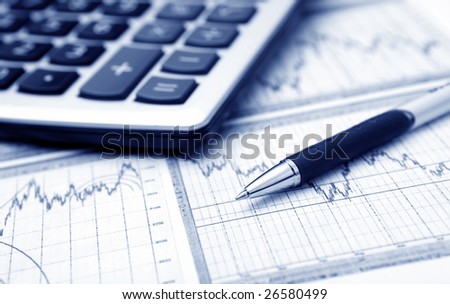 business graph, calculator & pen. Blue tone