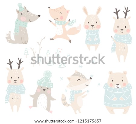 Wolf, fox, bunny, bear, raccoon, reindeer, penguin baby winter set. Cute christmas animal in warm sweater, scarf. Cool illustration for nursery, t-shirt, kids apparel, baby shower. Scandinavian design