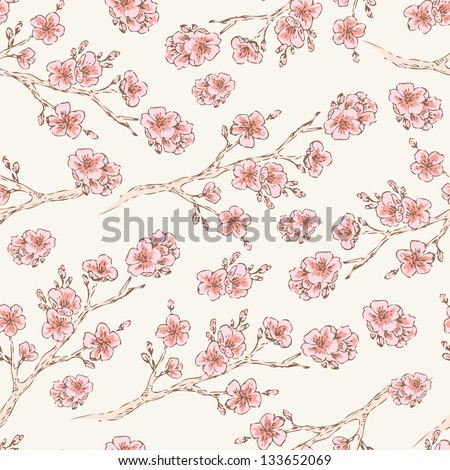 Oriental Cherry Pattern. Vintage Floral Spring Seamless Background For Your Design And Scrapbooking .