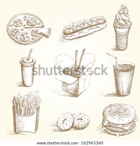 Fast food  hand draw set. Vector coolection with different dish.