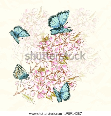 Vintage flower background Beautiful invitation card with apple flower and butterfly Vintage flower background Beautiful invitation card with apple flower and butterfly