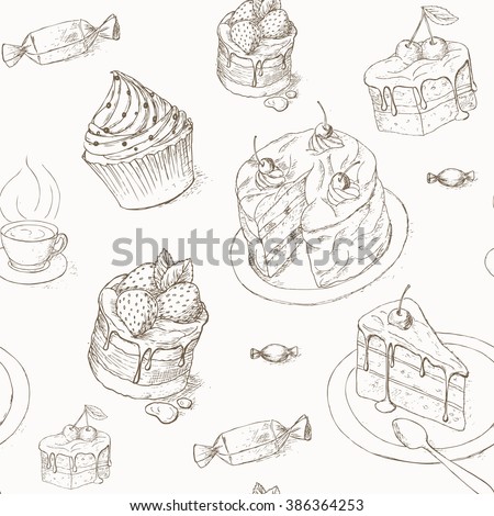 Cake seamless pattern. Cakes, candy and other sweets. Hand drawn illustration of cake. Piece of cake. Bakery desserts wallpaper. Cakes with cream and berries. Celebration cake design.