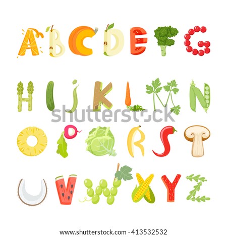 Food alphabet made of vegetables and fruits. Vegetables font. Healthy food vegetables letter. Fruit vector letter.
