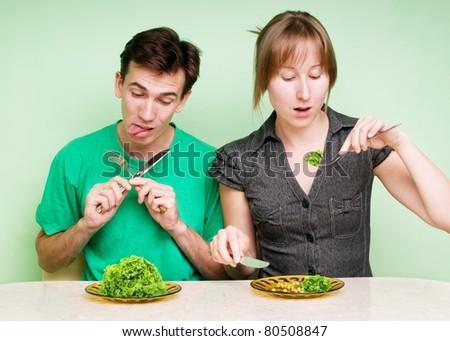 Man don't want to eat diet food, but woman likes it