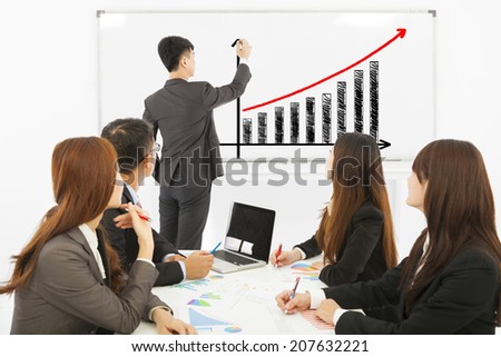 group of business people discussing sales on whiteboard
