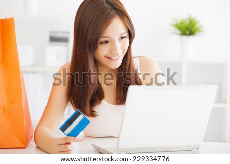 Young woman  shopping on-line with credit card and laptop
