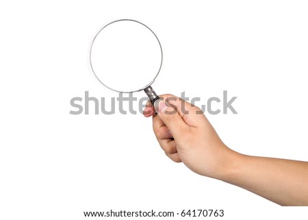 stock photo : Hand-held magnifying glass in white background