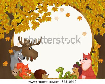 Illustration of autumn forest with animals