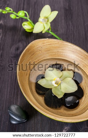 Spa stones and orchid in a bowl of water